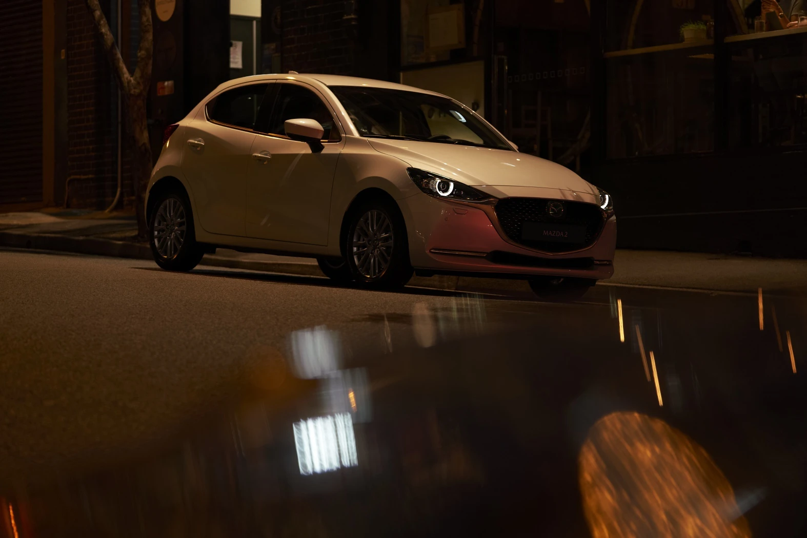 2019 Mazda2 White Nighttime Front Right Parked